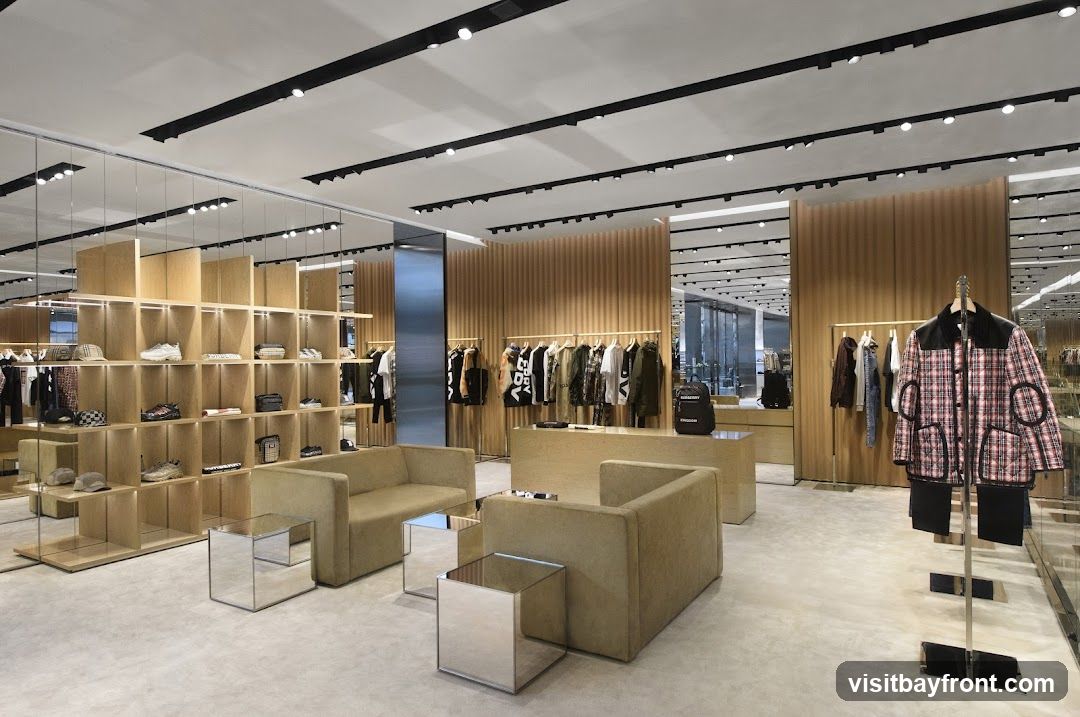 A spacious and modern clothing store interior with minimalist design. The store features wooden shelving units displaying shoes and bags, and racks of clothing. Two beige sofas and mirrored coffee tables are placed in the seating area. The lighting is provided by a track lighting system on the ceiling.