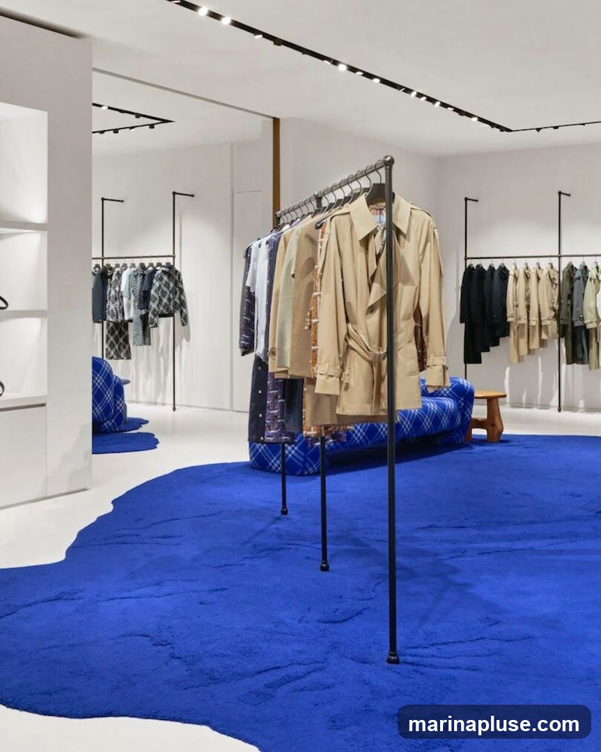 A brightly lit clothing store interior with racks of clothing on display. A large, vibrant blue rug covers a significant portion of the floor. There are also blue upholstered seating areas visible. The overall aesthetic is modern and minimalist.