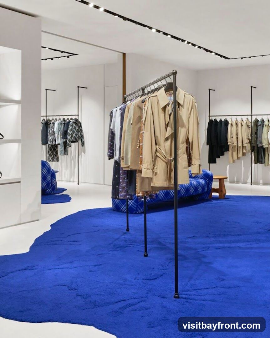 A brightly lit clothing store interior with racks of clothing on display. A large, vibrant blue rug covers a significant portion of the floor. There are also blue upholstered seating areas visible. The overall aesthetic is modern and minimalist.