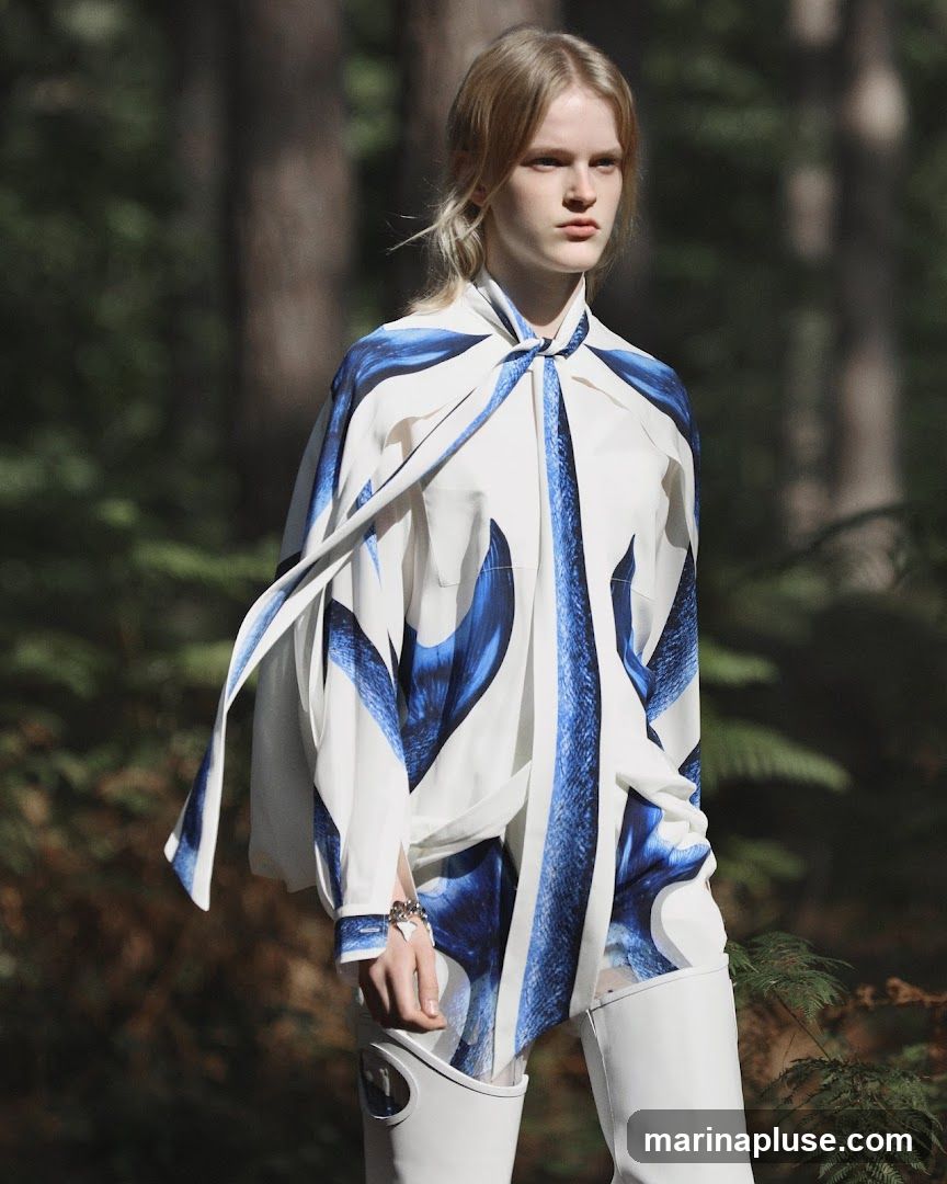 A young woman with blonde hair pulled back in a ponytail poses in a forest setting. She is wearing a white blouse with a striking blue abstract print and a matching scarf tied around her neck. Her outfit also includes white pants or leggings and white boots with cut-out details. The background is blurred, showing trees and foliage, suggesting an outdoor fashion shoot.