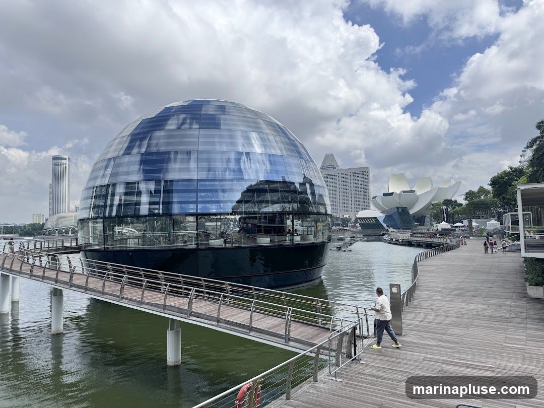 A view of a modern spherical building with a glass facade, situated on the water. A wooden walkway curves along the waterfront, with people strolling. In the background, other contemporary buildings and a distinctive lotus-shaped structure are visible under a cloudy sky.