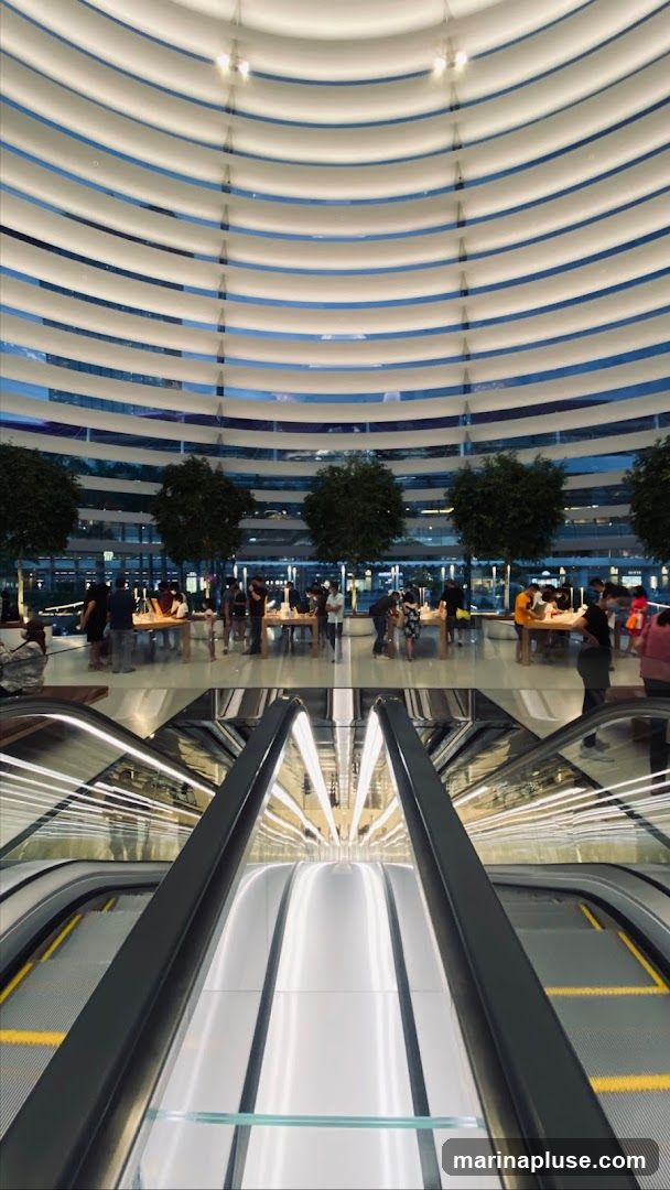 An interior view of a modern retail space, possibly an electronics store, featuring a distinctive curved ceiling with horizontal white slats. In the foreground, a sleek escalator ascends, reflecting the bright, linear lighting above. The midground shows a spacious area with several display tables showcasing products, surrounded by trees and shoppers. The overall ambiance is bright, clean, and contemporary.