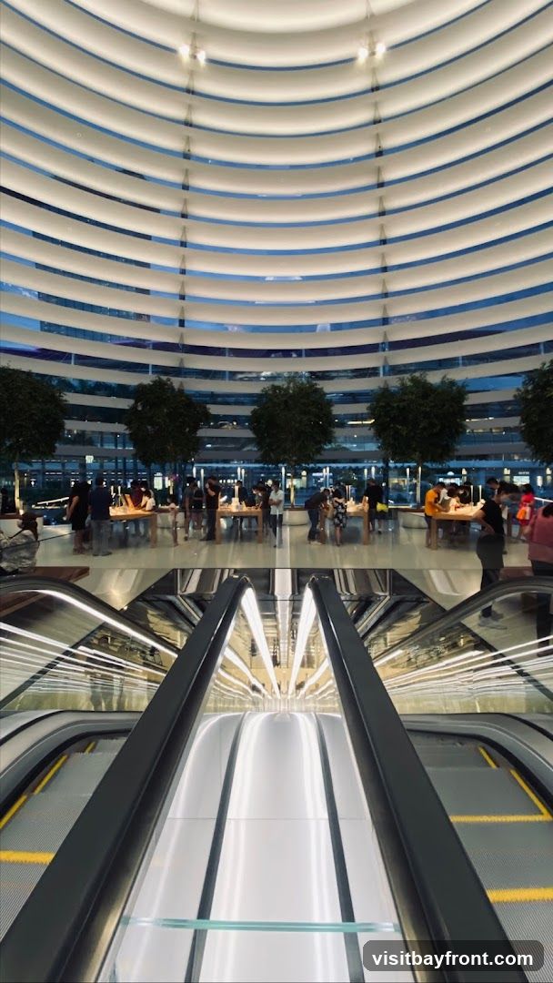 An interior view of a modern retail space, possibly an electronics store, featuring a distinctive curved ceiling with horizontal white slats. In the foreground, a sleek escalator ascends, reflecting the bright, linear lighting above. The midground shows a spacious area with several display tables showcasing products, surrounded by trees and shoppers. The overall ambiance is bright, clean, and contemporary.