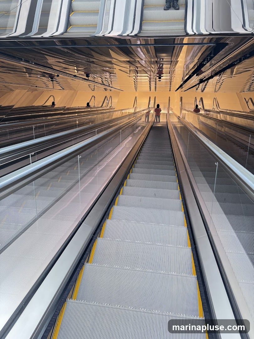 A view looking down a set of escalators with a highly reflective ceiling that mirrors the scene below. Several people are visible on the escalators. The escalators have silver treads with yellow safety strips. The ceiling reflects the escalators, people, and warm lighting.