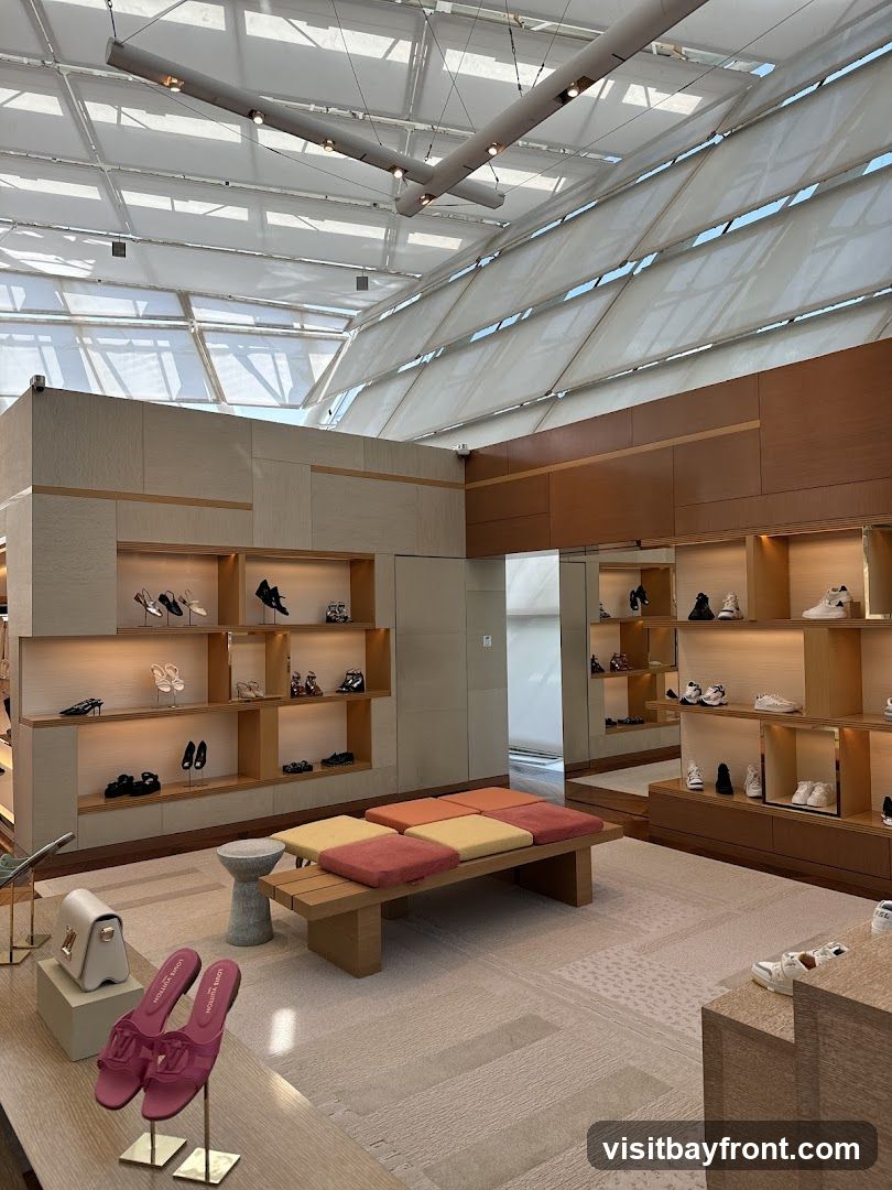 The interior of a high-end shoe store with a modern and minimalist design. Shoes are displayed on shelves built into light-colored wood panels. A wooden bench with colorful cushions sits in the center of the room. Pink slides with the Louis Vuitton logo are displayed prominently in the foreground. The ceiling features a unique design with adjustable fabric shades and track lighting.