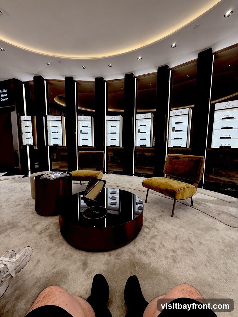 A well-lit, modern interior of an eyewear store. Display cases featuring various brands of eyeglasses are arranged along the walls. In the center, a circular coffee table with a reflective surface holds a tablet and a small circular object. Two plush chairs and a side table create a seating area. The flooring is a soft, light-colored carpet. The overall ambiance is sleek and sophisticated.