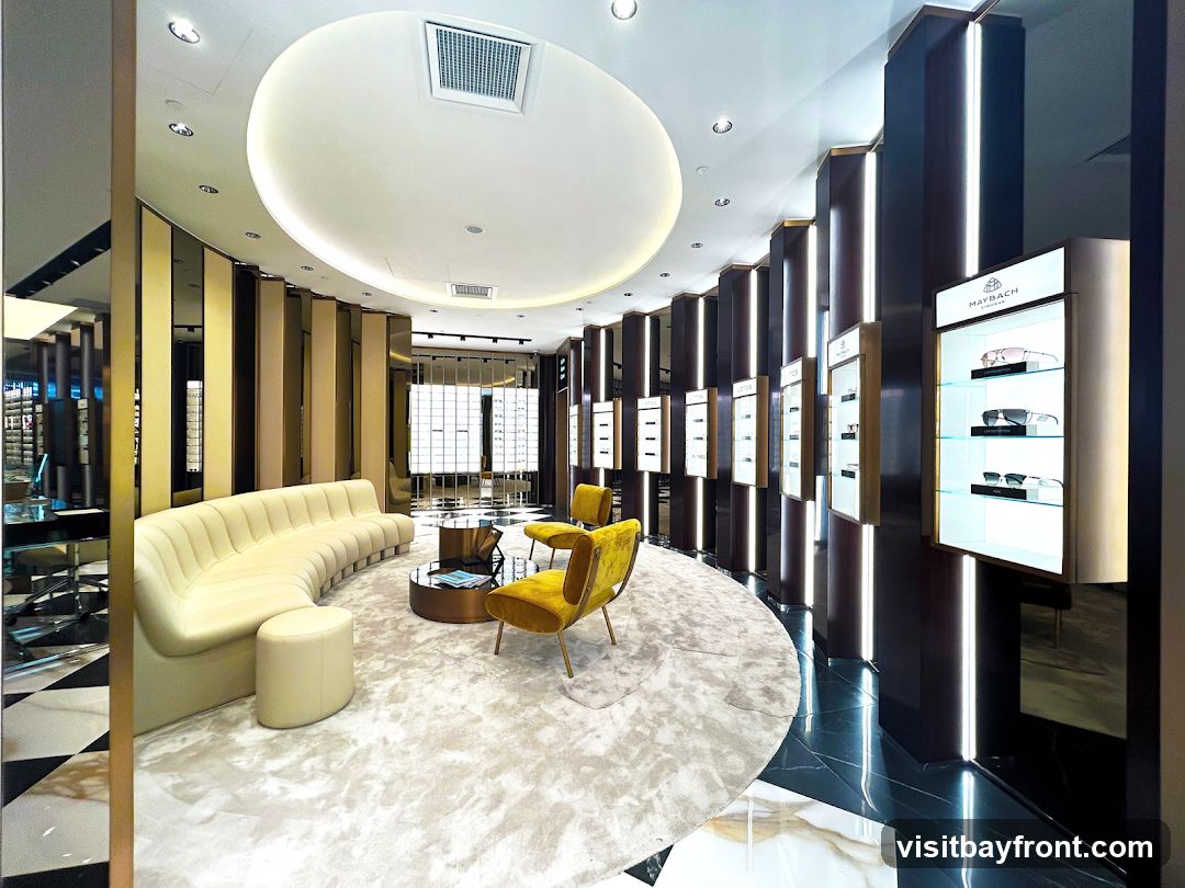 The interior of a high-end eyewear store features a curved cream sofa, two yellow accent chairs, and a circular coffee table. The walls are lined with illuminated display cases showcasing various eyeglasses and sunglasses. One display case prominently features the "MAYBACH" logo. The flooring is a mix of black and white marble tiles and a plush grey rug.