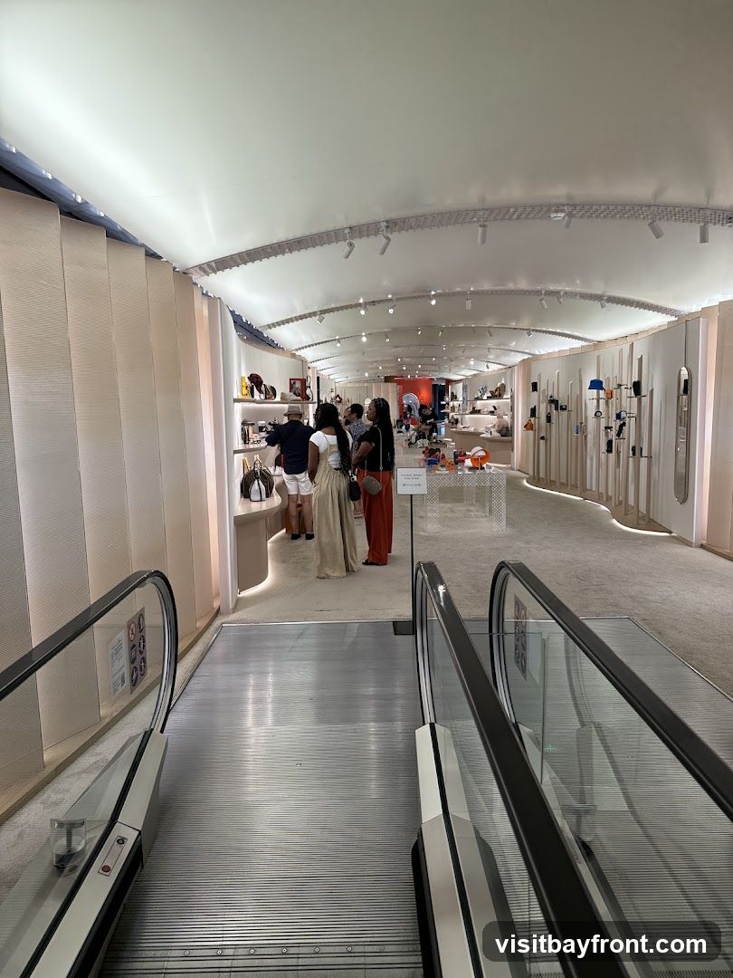 An interior view of a high-end retail store, featuring a long, curved ceiling with track lighting. The walls are decorated with textured panels, and display shelves showcase various luxury goods such as handbags and shoes. Several customers are browsing the merchandise. In the foreground, a pair of escalators leads into the store.