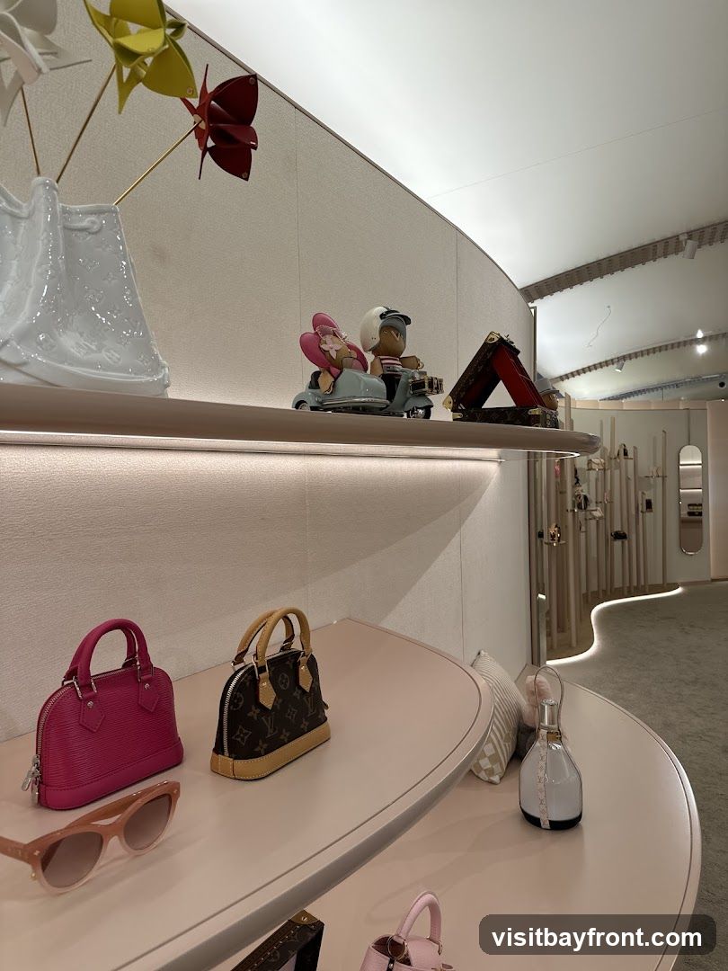 A display shelf in a luxury store showcases several designer handbags, sunglasses, and decorative items. In the foreground, a bright pink handbag and a monogrammed brown and tan handbag are prominently featured. Next to them, a pair of stylish sunglasses rests on the shelf. Further back, a white vase holds colorful pinwheels, and a whimsical figurine of two characters riding a scooter adds a playful touch. A small, triangular monogrammed case is also visible. The background reveals more of the store's interior, with curved walls, soft lighting, and additional display elements suggesting a high-end retail environment.