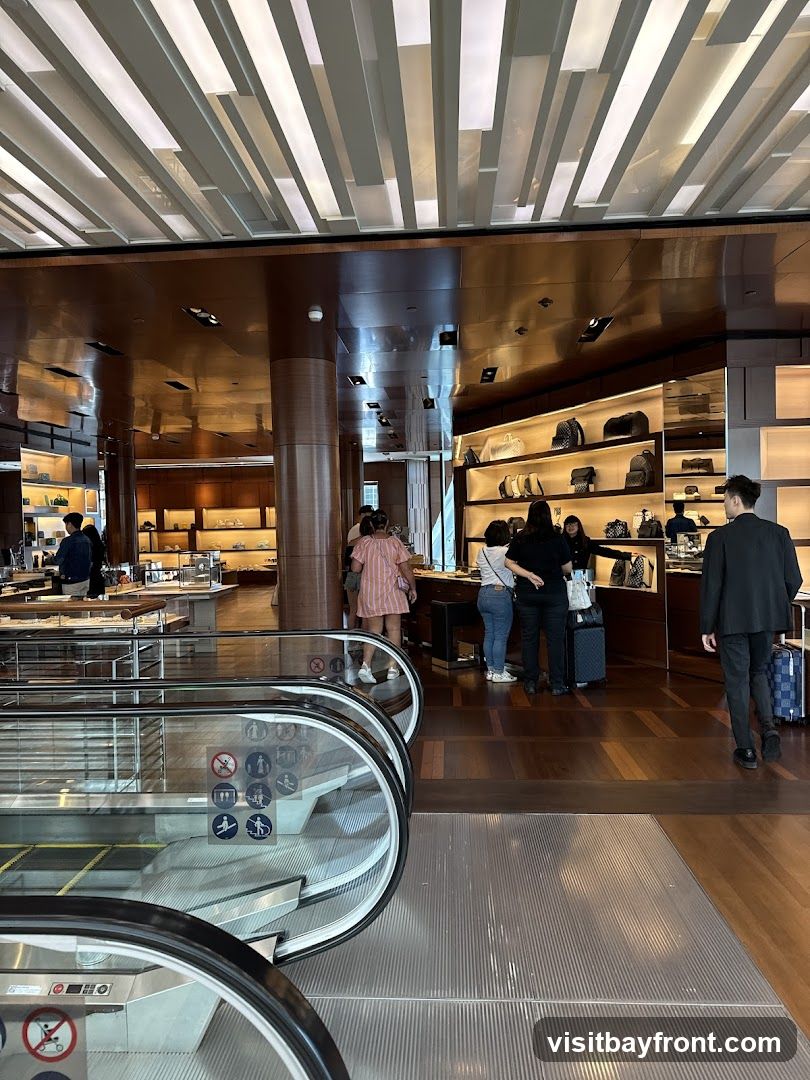 An interior view of a high-end retail store, likely a luxury brand boutique. The space features polished wooden floors, dark wood paneling on the walls and ceiling, and a modern, linear lighting system. Displays showcase a variety of handbags and accessories on illuminated shelves. Several customers are browsing the merchandise, and an escalator is visible in the foreground.