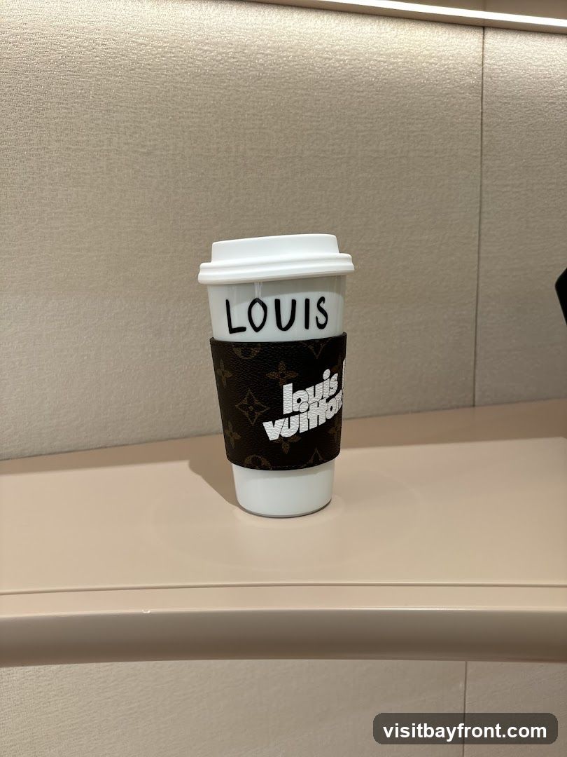 A white ceramic coffee cup with a white lid sits on a light-colored surface. The cup has a sleeve around it featuring the Louis Vuitton monogram pattern and the words "LOUIS VUITTON" in white lettering.