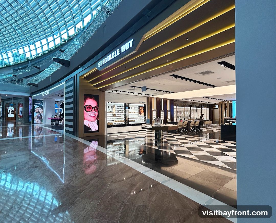 A wide shot of a modern shopping mall interior, showcasing the storefronts of Spectacle Hut and Sephora. Spectacle Hut features a large digital display with a woman wearing glasses and its name prominently displayed above. Adjacent to it, Sephora's entrance is visible with its branding and displays of beauty products. The floor is a mix of polished marble and a black and white checkered pattern. The ceiling has a distinctive geodesic dome structure with glass panels.