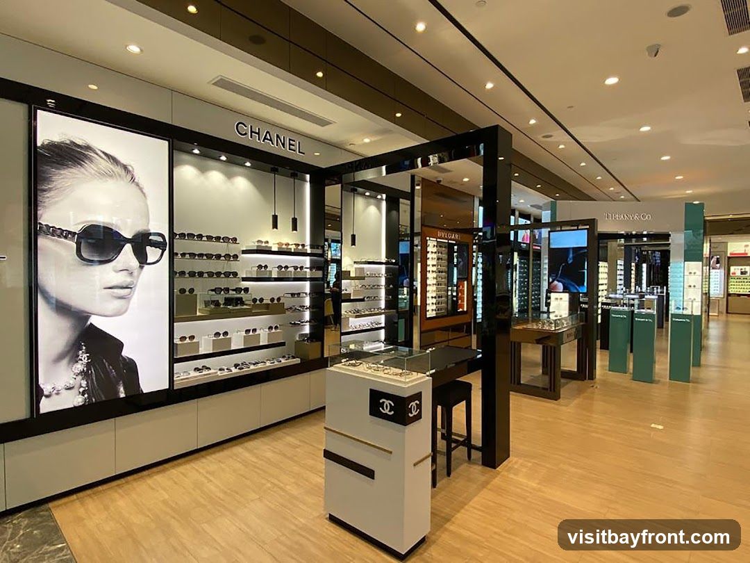 A well-lit interior view of a luxury eyewear store. The prominent display features a large advertisement of a woman wearing Chanel sunglasses. Shelves behind display various sunglasses. Further into the store, displays for Bvlgari and Tiffany & Co. are visible. The flooring is light-colored wood.