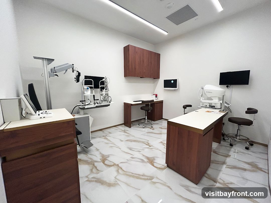 A clean and modern optometry examination room with specialized equipment. The room features white walls, a marble-patterned floor, and wooden cabinetry. On the left, there is an examination chair with a diagnostic device. In the center, a desk with a computer monitor and a chair is visible, along with another examination unit. On the right, a larger examination table with a device and two chairs are positioned. Two wall-mounted monitors are also present.