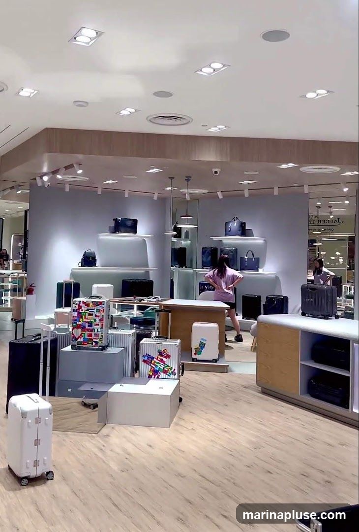 The interior of a store displays a variety of luggage, including suitcases of different sizes, colors, and designs. Some suitcases are plain, while others feature colorful patterns and stickers. Shelves and display stands are used to showcase the merchandise. Two individuals are visible in the store, one browsing and another standing near a display. The store appears well-lit with modern ceiling lights.
