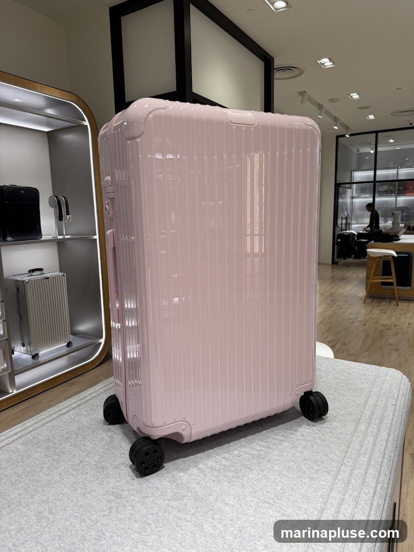 A light pink, ribbed suitcase is displayed prominently in a store. The suitcase has black wheels and a silver handle. In the background, other luggage and store displays are visible, including a black bag and a silver suitcase on a shelf. A person can be seen in the far background near a counter.