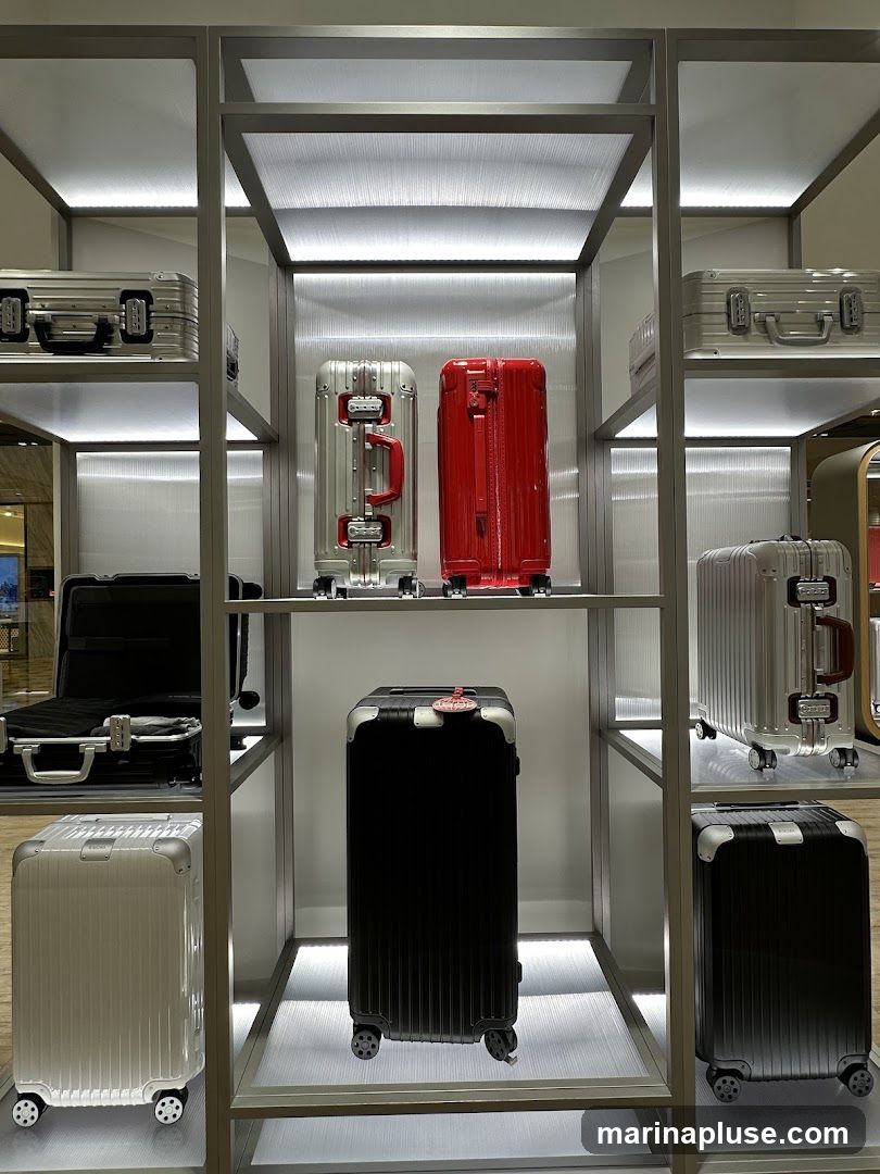 A retail display featuring various sizes and colors of aluminum suitcases on illuminated shelves. The suitcases are arranged in a grid-like pattern, with some open to show their interiors. The overall aesthetic is modern and sleek, highlighting the product.