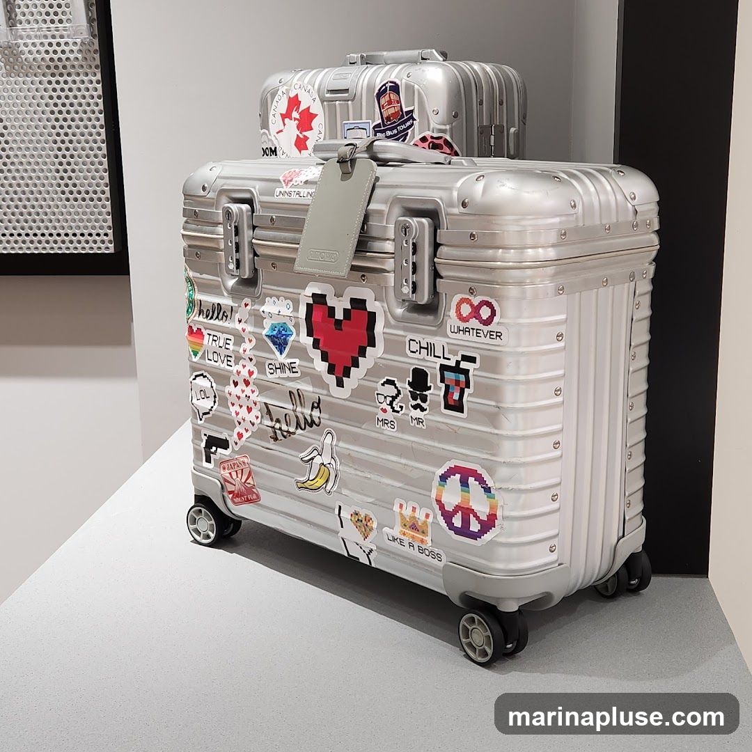 Two silver suitcases are stacked on top of each other. The front suitcase is covered in various stickers, including a pixelated heart, a peace sign, a banana, and text like "hello!", "TRUE LOVE", "SHINE", "LOL", "WHATEVER", "CHILL", "MRS MR", and "LIKE A BOSS". The top suitcase also has a few stickers, including a Canadian flag and a bus tour sticker.