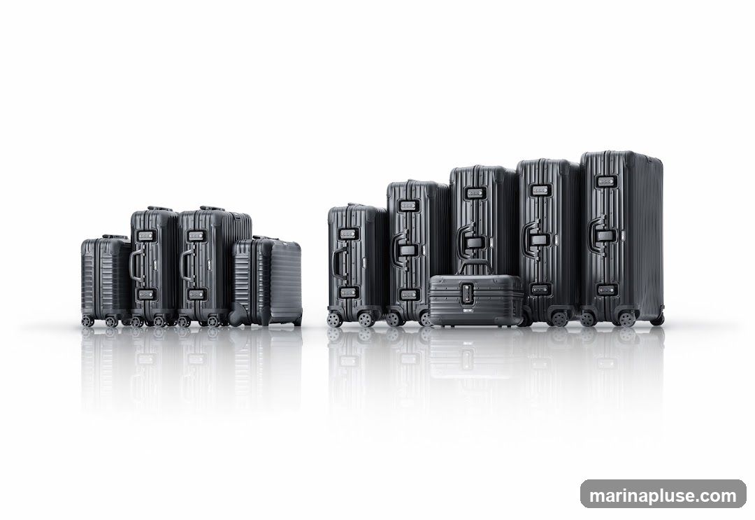 A collection of black suitcases and a vanity case are displayed in varying sizes, arranged in a staggered line against a white background. The luggage features a ribbed texture and metallic accents, with wheels visible on most pieces. The items are reflected on the surface below.