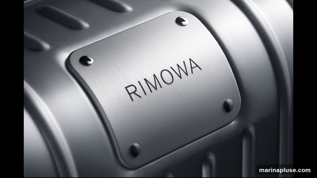 A close-up, detailed shot of a silver Rimowa suitcase. The focus is on a metal plate riveted to the ribbed surface of the luggage, with the embossed brand name "RIMOWA" clearly visible. The lighting highlights the brushed metal texture and the contours of the suitcase.