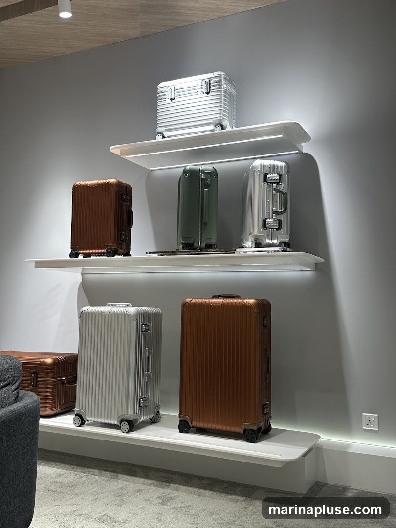 Several pieces of aluminum luggage are displayed on white shelves against a gray wall. The luggage is in silver, bronze, and green colors. Some pieces are upright, while others are lying flat. A dark gray sofa is partially visible in the lower left corner.