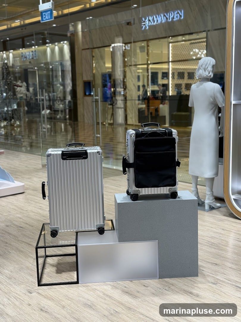 Two silver suitcases are displayed on pedestals in front of a store. One suitcase is on a grey cube, and the other is on a black metal frame with a frosted glass panel. A white mannequin in a dress stands to the right of the display. The store behind has a sign that reads "RIMOWA" and other signage is visible in the background.
