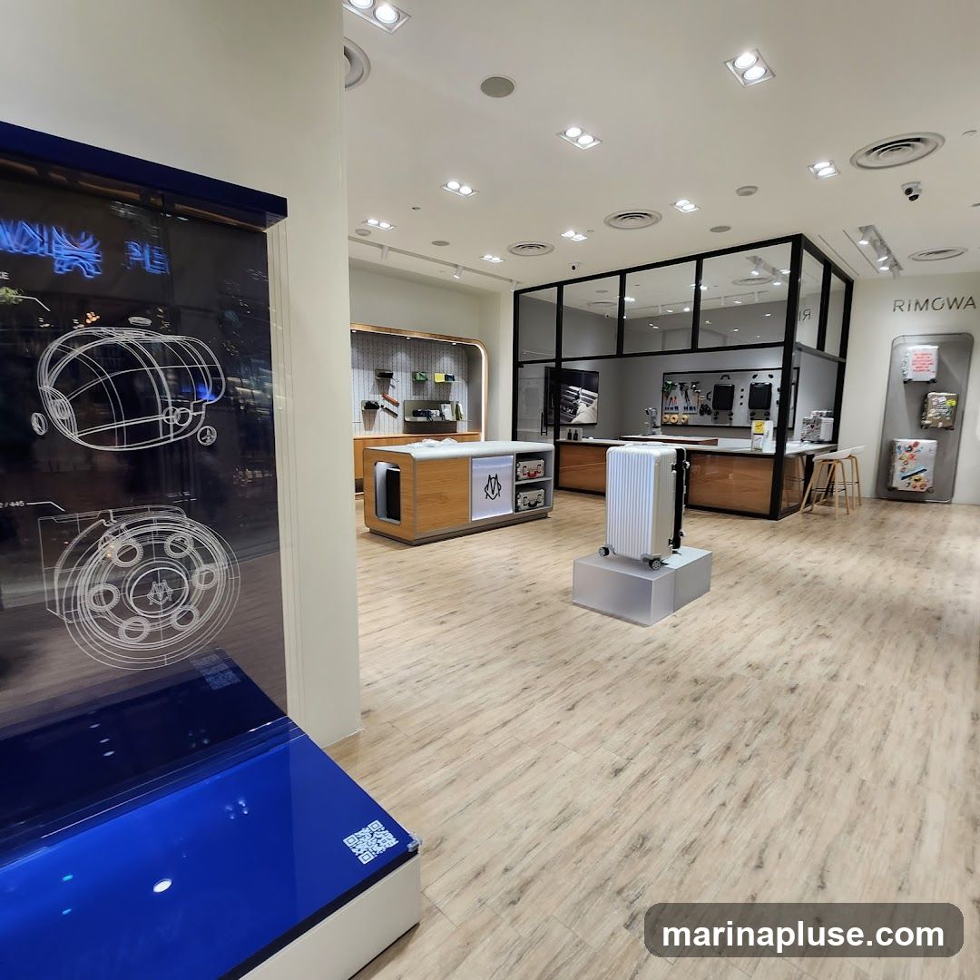 The interior of a modern store, likely a luggage store, with a clean and minimalist design. The floor is made of light-colored wood planks. In the foreground on the left, there is a display with technical drawings of a suitcase wheel. In the center, a white Rimowa suitcase is displayed on a pedestal. Behind it, there is a counter with wooden accents and shelves displaying various items. Further back, a glass-enclosed area shows a workspace with tools and products. On the right wall, a large sign displays the Rimowa logo and several colorful suitcases.