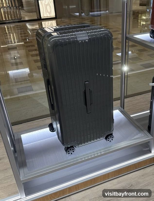 A dark gray, ribbed suitcase with the brand name RIMOWA visible on its top, is displayed on a shelf with integrated LED lighting. The suitcase has black wheels and handles. It is positioned within a display case, with reflections of the surrounding environment visible on the glass.