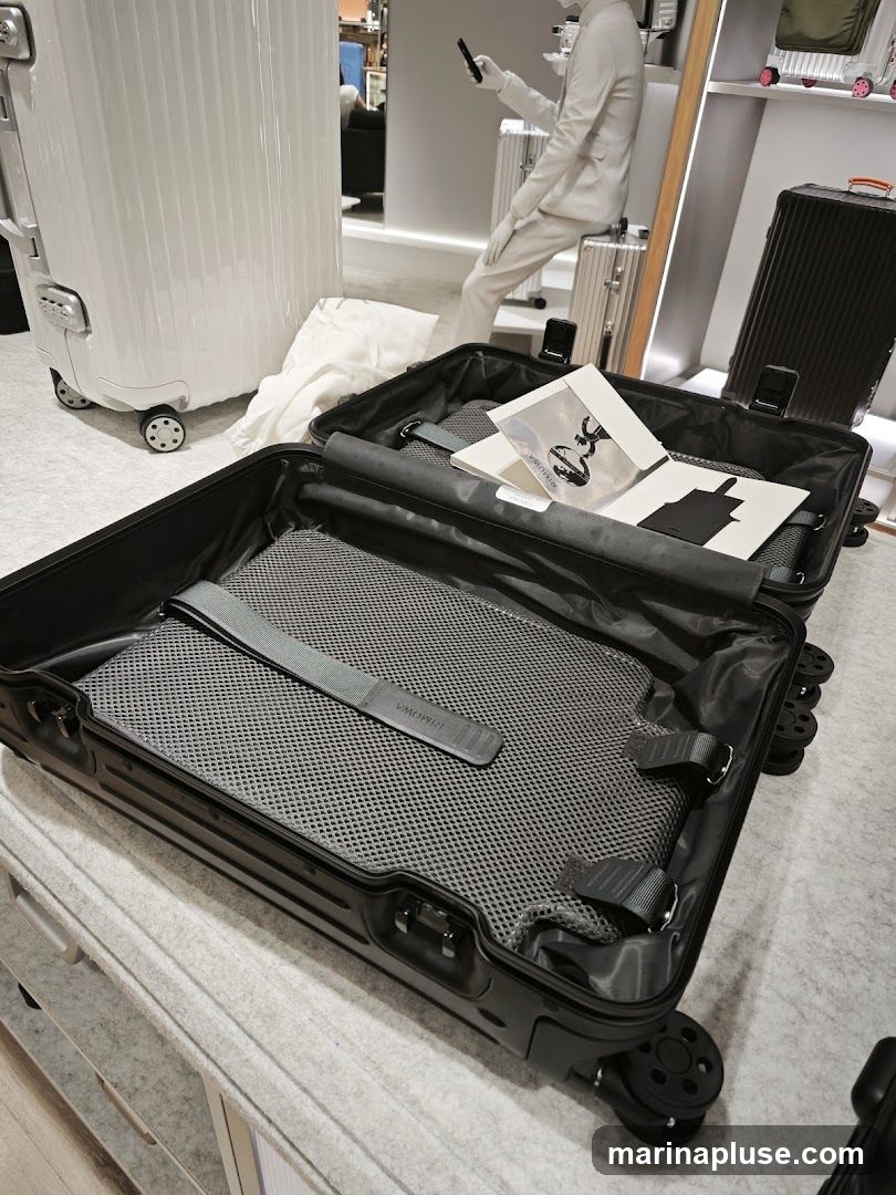 An open black suitcase is displayed, revealing its interior with mesh lining and straps. A white garment is placed beside a white suitcase in the background. A mannequin dressed in a white suit is visible, holding a phone, with other suitcases on shelves behind it.
