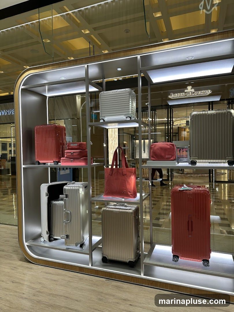 A display shelf showcasing various suitcases and bags in different colors and sizes. The luggage is arranged on illuminated shelves within a modern display unit. In the background, a store with a prominent 'Jaeger-LeCoultre' sign is visible.