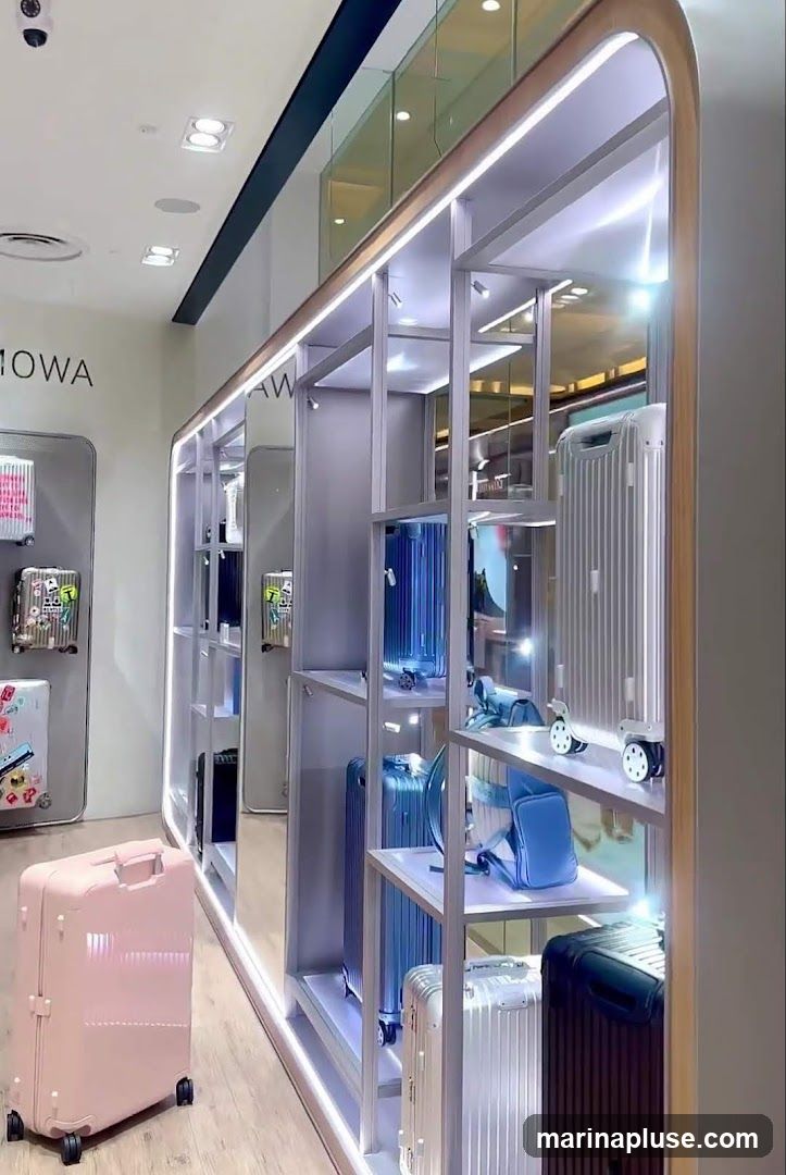 A well-lit display shelf showcases various suitcases in different colors and sizes, including blue, silver, and black. A pink suitcase is prominently displayed in the foreground. The shelves are illuminated with LED lighting, creating a modern and sleek aesthetic. The word 'RIMOWA' is visible on the wall in the background.
