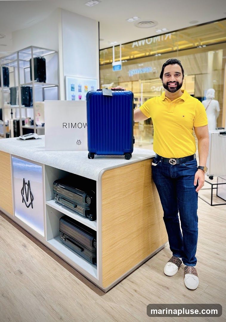 A man in a yellow polo shirt and jeans stands next to a display of Rimowa luggage in a store. He is holding a blue Rimowa suitcase. The display features several suitcases on shelves and a large white box with the Rimowa logo. In the background, more luggage is visible on shelves, and the store's interior is illuminated.