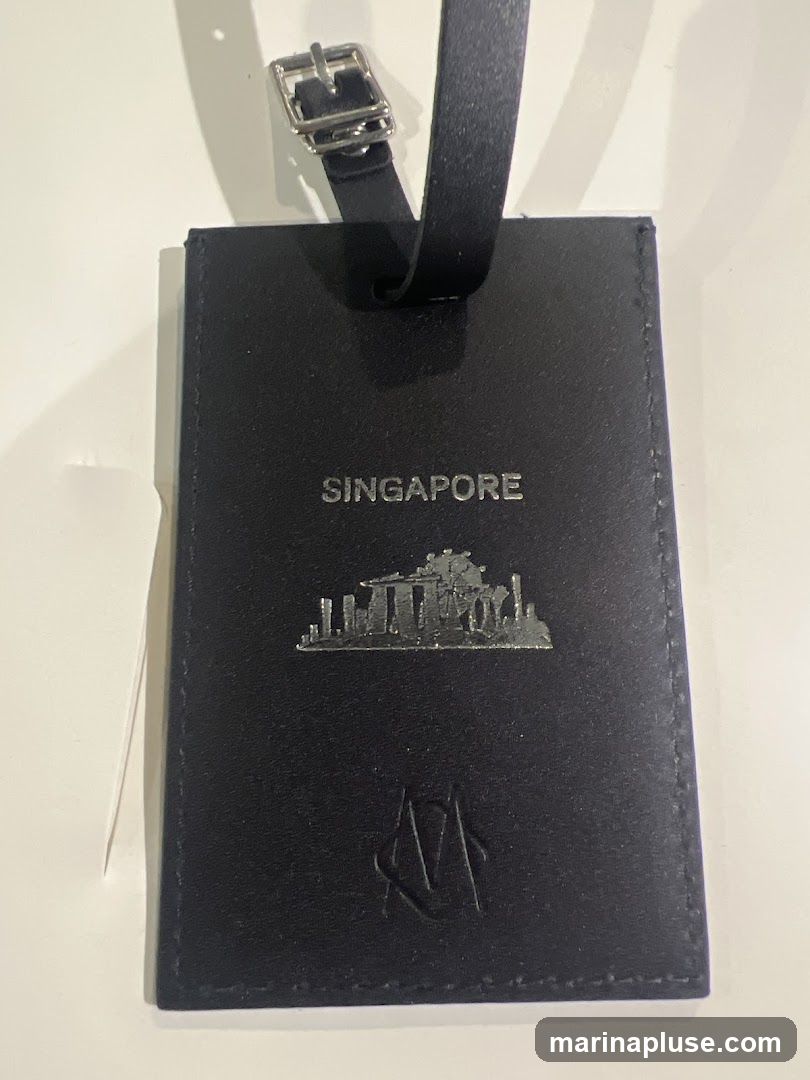 A black leather luggage tag with a silver buckle and strap. The tag is embossed with the word "SINGAPORE" above a silhouette of buildings. A logo is embossed at the bottom.