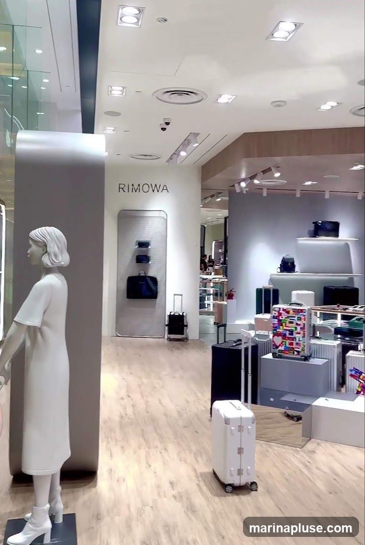 A view inside a RIMOWA store, showcasing various luggage and bags. A white mannequin stands to the left, and the RIMOWA logo is visible on a wall display. Luggage of different sizes and colors are arranged throughout the store, with some on shelves and others on the floor.