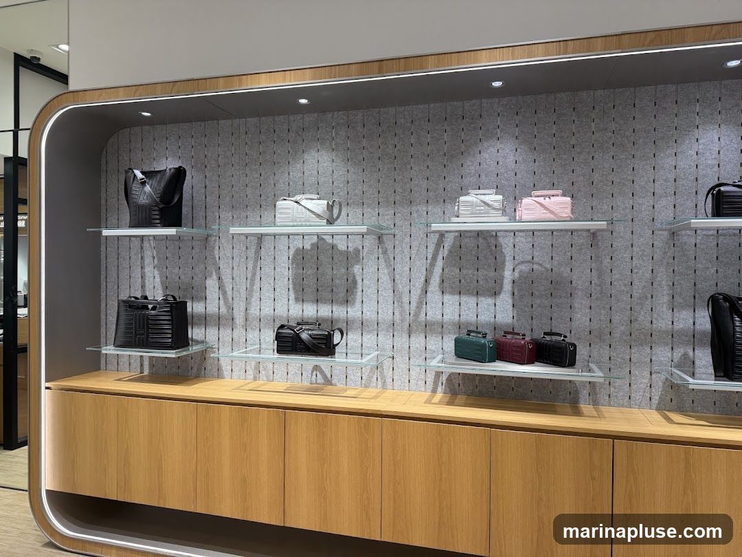 A retail display featuring various handbags on glass shelves against a grey pegboard-style wall. The bags are in different colors including black, white, pink, green, and burgundy. Below the shelves is a wooden cabinet with a light-colored countertop.