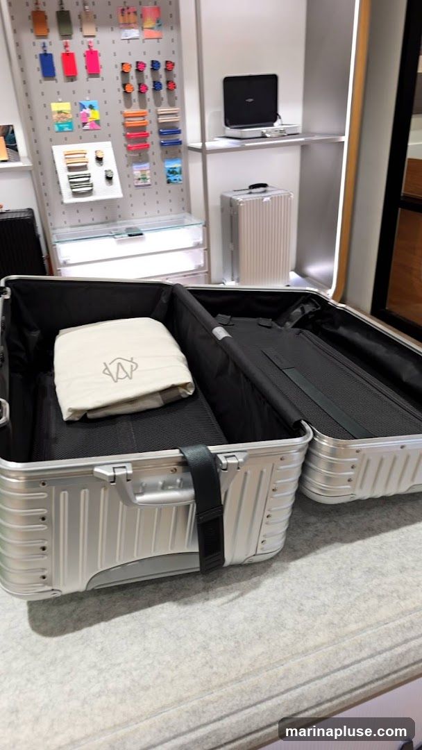 An open silver suitcase is displayed in the foreground, with a folded cloth inside. In the background, shelves showcase various accessories such as luggage tags, wallets, and small suitcases. A laptop is also visible on a shelf.