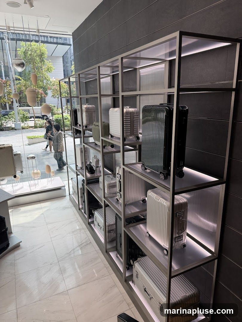 A retail store interior with shelves displaying various sizes and colors of luggage. The shelves are illuminated, and the floor is tiled. Through the large window, pedestrians and trees are visible outside.