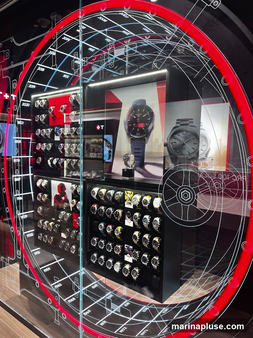 A display window showcasing various Tissot watches. The background features a timeline graphic with years marked, and a large red circular design. The watches are arranged in illuminated display cases, with some watches featured prominently on stands and in advertisements.