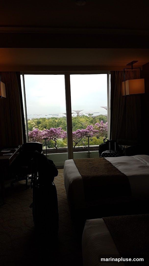 A hotel room with two beds, a desk, and a large window overlooking a lush green landscape with purple flowering trees. In the distance, there are structures resembling the Supertrees at Gardens by the Bay and ships on the water. Luggage is visible near the window and on one of the beds.