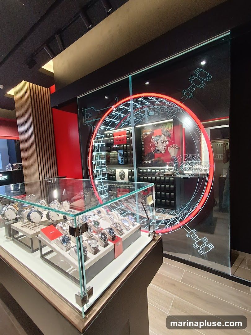 A modern watch store interior with a glass display case filled with various watches. Behind the display, a large circular graphic with a red neon outline is projected onto a black wall, featuring schematic designs and an image of a person. The store has red accents and wooden paneling.