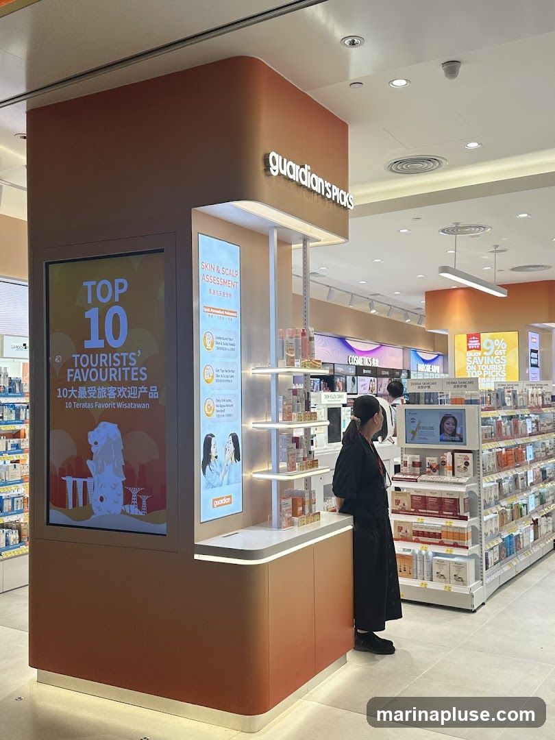 A woman stands in front of a Guardian store display featuring "Guardian's Picks" and "Top 10 Tourists' Favorites." The display includes product shelves, a digital screen showcasing popular items, and information about skin and scalp assessments. The store interior with shelves of health and beauty products is visible in the background.