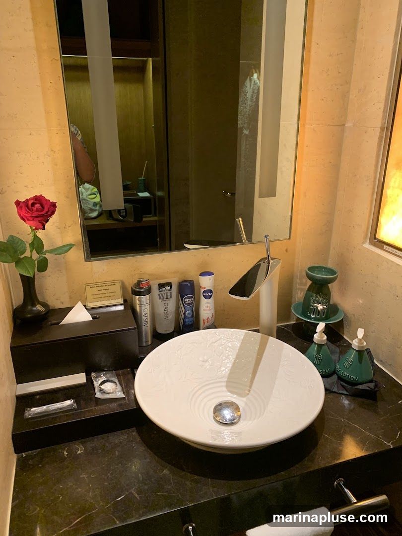 A bathroom sink area with a white decorative sink, a modern faucet, and various toiletries. A red rose in a black vase sits to the left of the sink. On the counter are bottles of Gatsby, Nivea, and other personal care products, a tissue box, and two green pump bottles labeled "SOAP" and "BODY LOTION". The mirror above reflects a closet area with a safe and some items.