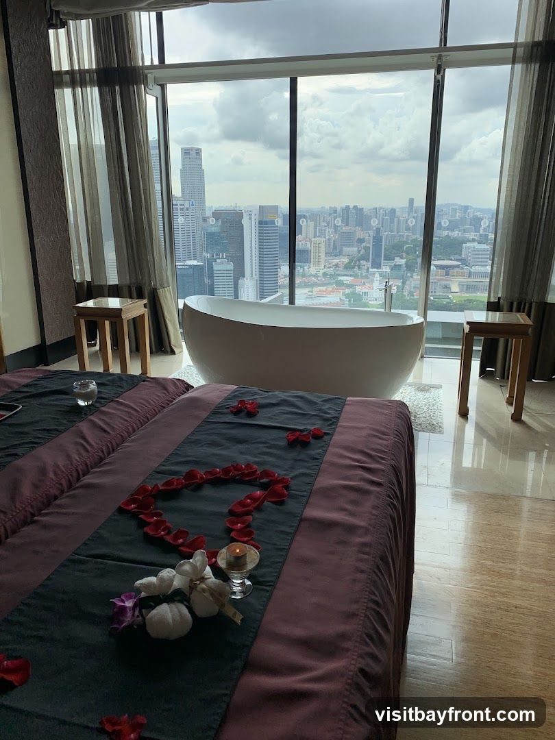 A spa room with two massage beds decorated with rose petals and a heart shape. A bathtub is positioned in front of a large window with a panoramic view of a city skyline. Two small wooden tables are placed on either side of the bathtub.