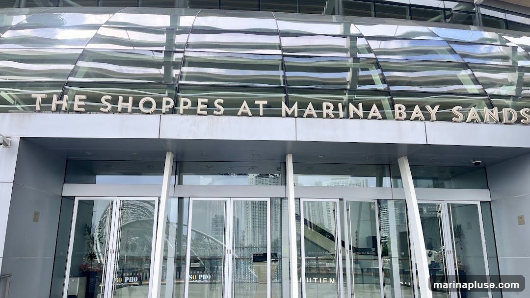 The exterior of a large, modern shopping mall with glass doors and a reflective glass facade. The words "THE SHOPPES AT MARINA BAY SANDS" are prominently displayed in large silver letters above the entrance.