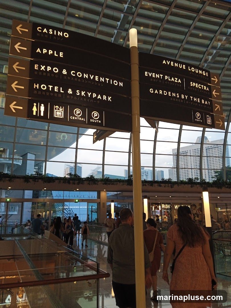 A tall pole with multiple directional signs pointing to various locations within a building, including Casino, Apple, Expo & Convention, Hotel & Skypark, Avenue Lounge, Event Plaza, Spectra, and Gardens by the Bay. The signs are in English, Japanese, and Chinese. People are walking in the background, and the interior of a modern building with large windows is visible.