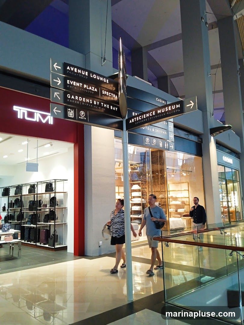 A directional signpost in a modern shopping mall indicates various attractions and shops. To the left, the TUMI store displays a collection of bags. People are seen walking through the mall.