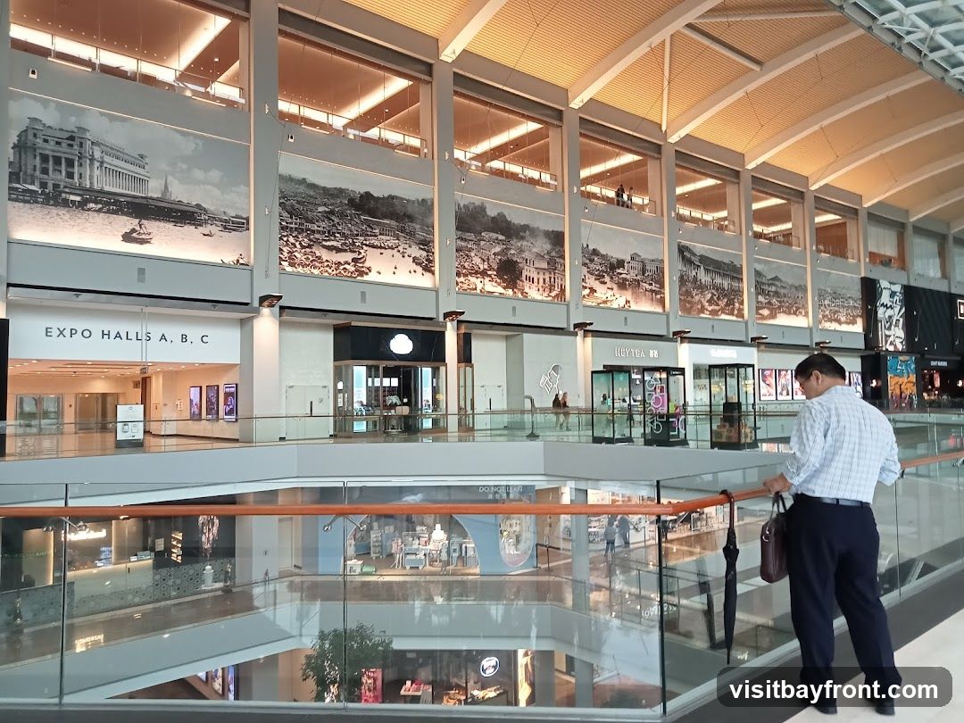 A man stands on an upper level of a multi-story shopping mall, looking down at the levels below. The mall features large historical murals on the upper walls, depicting scenes of a bustling waterfront and cityscape. Below, various shops and entrances are visible, including one labeled "EXPO HALLS A, B, C." The architecture is modern with glass railings and a high, vaulted ceiling with integrated lighting.