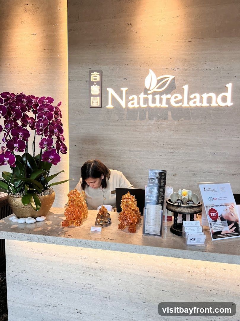 A reception desk at a spa with the Natureland logo prominently displayed. A woman in a uniform is behind the counter. On the counter, there are decorative lion statues, a potted orchid, and promotional materials including a flyer for an Express Head Massage priced at $28.