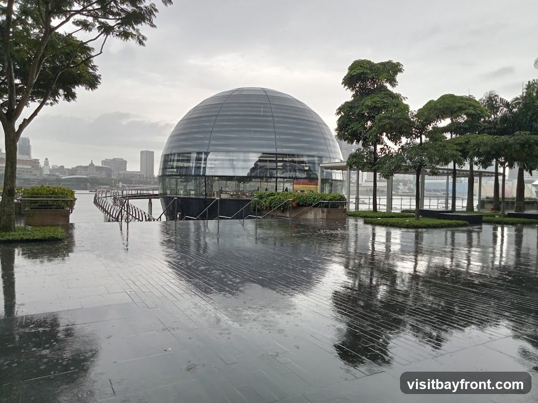 A modern, glass-domed building stands by the water on a rainy day. The wet pavement reflects the trees and the building. In the background, a city skyline is visible across the water.