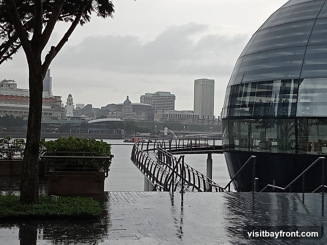 A large, modern building with a curved glass facade is situated next to a body of water. A walkway with a black railing curves away from the building and towards the cityscape in the background. The cityscape features various buildings, including a clock tower and a domed structure. In the foreground, a tree with dark foliage stands to the left, and a wet, paved area reflects the overcast sky.